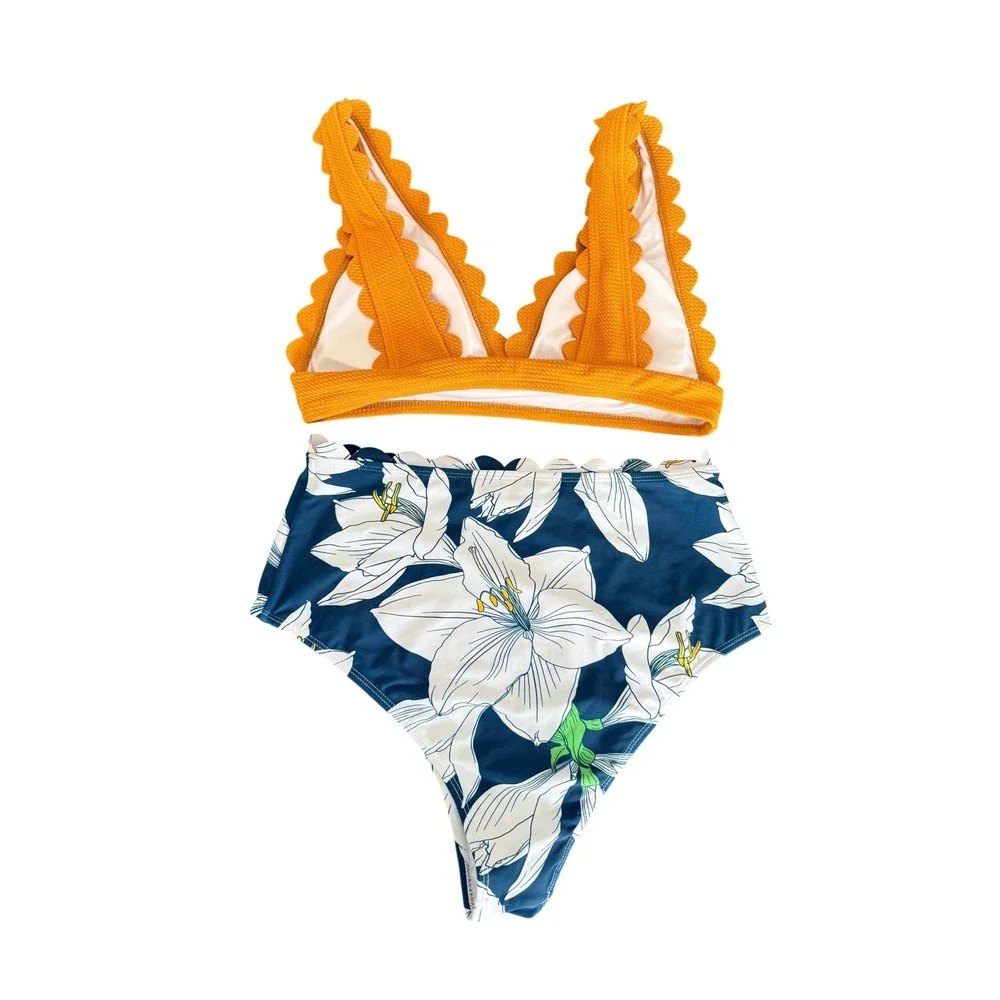 Cupshe Womens XL Bikini‎ Set Mustard Scallop Top Blue Floral High Waist Bottoms
